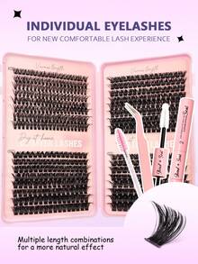 Asiteo 520片D型卷翘单根假睫毛套装，含粘合剂、镊子、刷子，新手友好型假睫毛套装，自然蓬松浓密混合款簇状假睫毛套装，适用于睫毛嫁接，在家即可轻松DIY假睫毛，经典便携逼真高容量纤长假睫毛套装，柔软分段式假睫毛，适合各种妆容。 - 彩色 - 查看 4