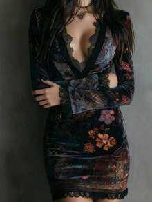 Womens Long Sleeve Velvet Floral Print Lace Trim Deep V Bodycon Mini Dress - màu đen - Xem 3