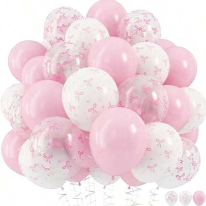 50个12英寸粉色和透明白色蝴蝶结印花气球，可爱气球装饰，适用于婴儿洗礼派对、公主主题派对、女孩生日派对、单身派对、蝴蝶结主题派对、性别揭晓派对、新娘送礼会、婚礼、情人节、母亲节、周年纪念日等场合。
