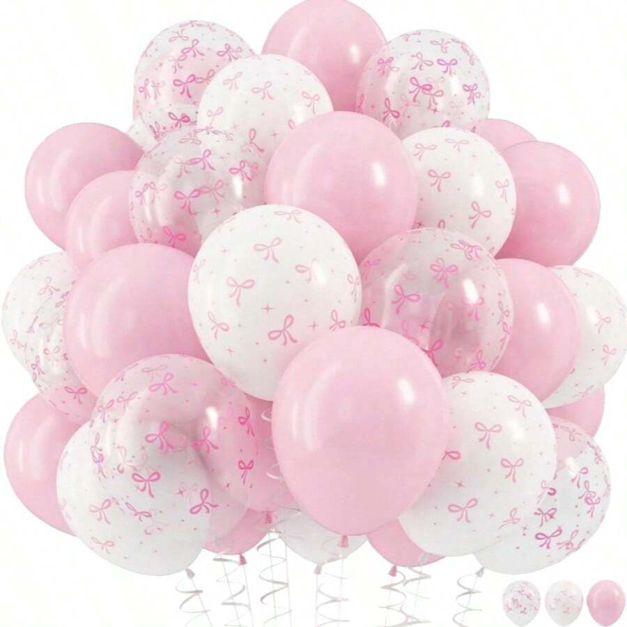 50 piezas de globos de 12 pulgadas con estampado de lazos en rosa y blanco transparente, decoraciones de globos lindos para fiesta de bautizo de bebé, fiesta de princesa, cumpleaños de niña, despedida de soltera, fiesta con tema de lazos, revelación de género, ducha nupcial, boda, Día de San Valentín, Día de la Madre, aniversario - Rosa - Ver 1