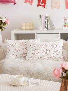 1件/2件装情人节镂空白色双心刺绣抱枕套，田园风暖色调仿毛皮刺绣沙发靠垫套，适用于情人节、餐厅、咖啡馆