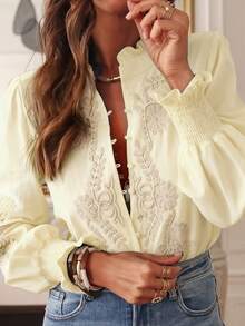 Casual Vacation Embroidered Floral Print Shirt With Ribbed Embroidered Applique Spring - Apricot - View 5