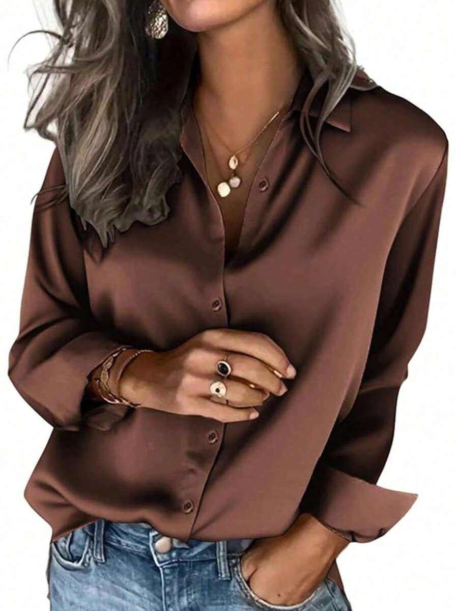 Women's Solid Satin Long Sleeve Shirt, Button Front, Shirt Collar - Suitable For Office Casual Wear In Spring, Summer, Autumn And Winter - Coffee Brown - View 1