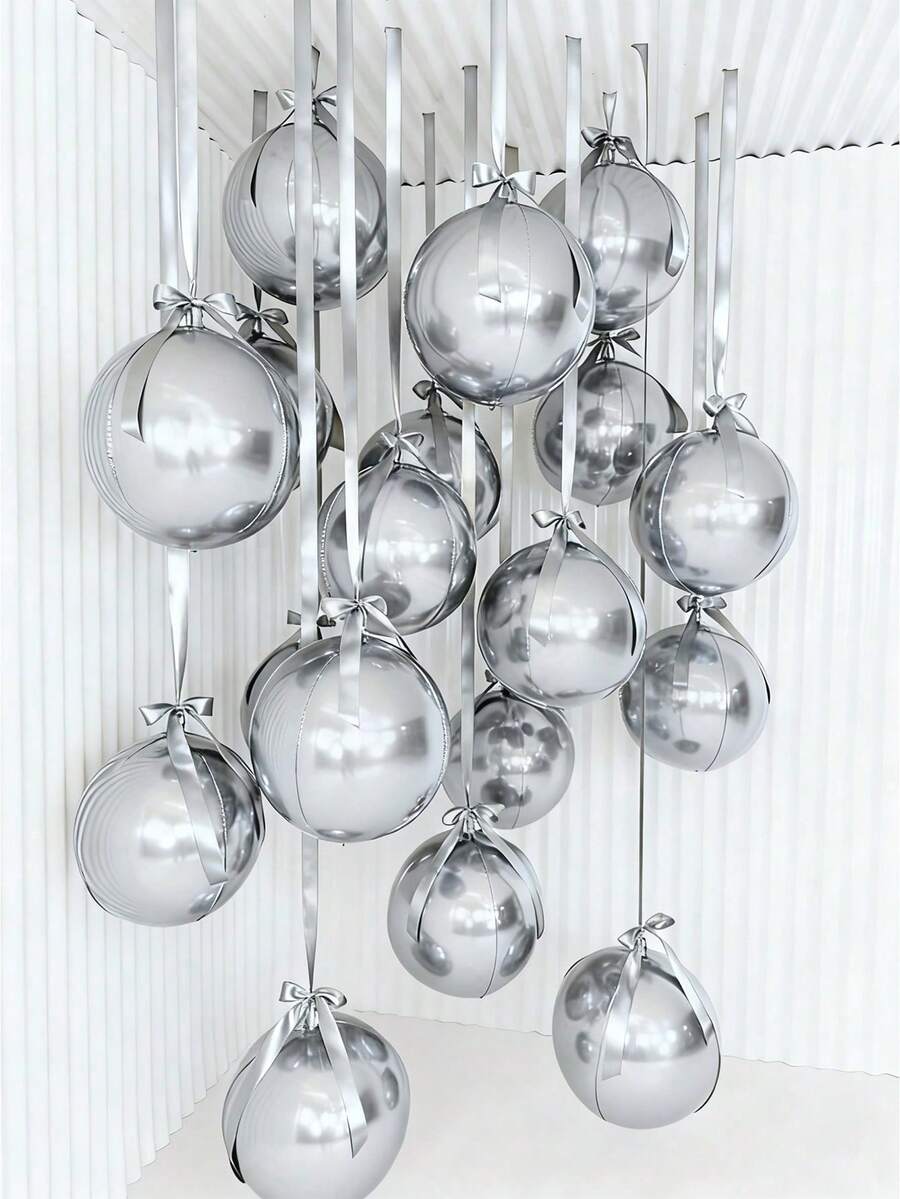 10pcs Silver 4D Balloons, 18 Inches, With Silver Polyester Ribbon, With Masking Paper, Easy To Carry, For Room Decoration, Party Decoration, Wedding Decoration, Family Gathering - Bạc - Xem 1