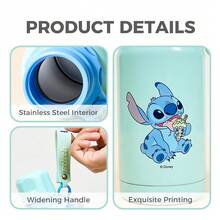 Tasse isotherme Miniso Stitch 600 ml - Bouteille étanche pour boissons chaudes et froides avec cordon de transport pour l'école et plus - Bleu ciel - Voir 9