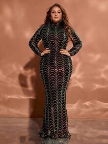 Plus Size Long Sleeve Stand Collar Multi-Color Geometric Sequin Patchwork Maxi Evening Dress - Multicolor - View 4