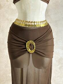 2026 New European & American Style Deep Brown Bandeau Metal Ring Crop Top + Mesh High Waist Maxi Skirt Sexy Vacation 2-Piece Set For Women - Brown - View 8