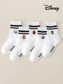 Marvel 1/5双漫威对称蜘蛛侠、钢铁侠、绿巨人、雷神图案儿童短袜，女童短袜，男童短袜，日常/派对礼物/复活节/春夏袜，荷叶边袜，黑白条纹中筒袜，柔软透气短袜