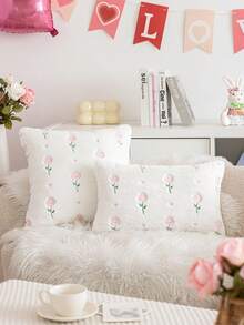 1件/2件装情人节镂空白色双心刺绣抱枕套，田园风暖色调仿毛皮刺绣沙发靠垫套，适用于情人节、餐厅、咖啡馆