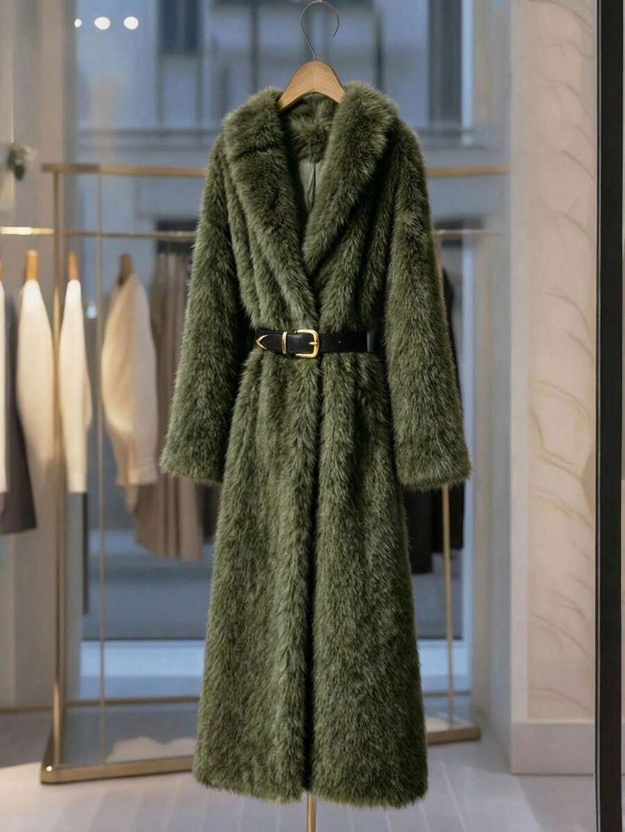 女式染色尖头长款人造毛皮翻领休闲夹克 - 綠色 - 查看 1