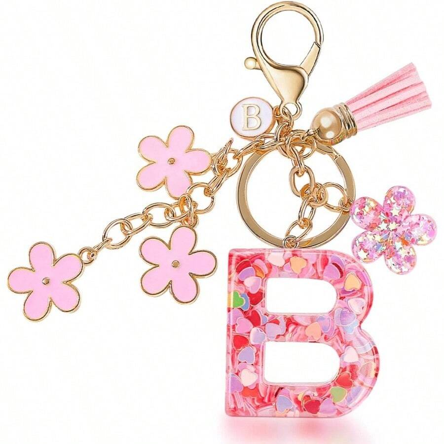 Llavero de Moda Letra Inicial, Llavero con Inicial de Resina, Dije para Bolso Mochilas, Regalo Personalizado para Mujer - Rosa + B - Ver 1