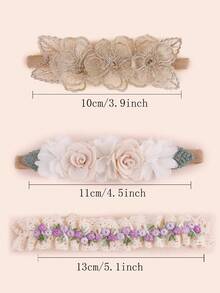 3 peças/Conjunto Faixa de Cabeça Elástica Decorada com Floral, Tule e Renda Fofa e Doce para Bebê - Multicolorido - Visão 2