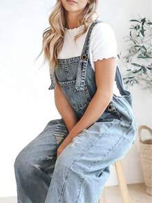 Women's Ripped Denim Overalls, Light Wash Wide Leg Vintage Overalls - Dark Wash - View 2