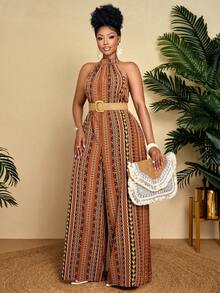 BIUBIU Bộ jumpsuit nữ cỡ lớn không tay, trễ vai, in họa tiết sọc, ống rộng, thích hợp cho kỳ nghỉ, mặc thường ngày và dạo phố (Họa tiết ngẫu nhiên) - Màu nâu - Xem 2