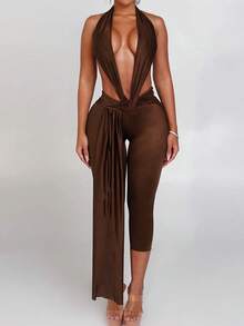 Club Outfits For Women Stretchy Halter Deep V Neck Sleeveless Lingerie Bodycon Jumpsuit Y2K One Piece Club Party Romper - màu nâu - Xem 1