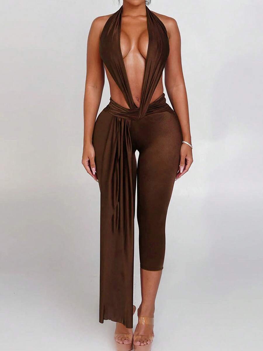 Club Outfits For Women Stretchy Halter Deep V Neck Sleeveless Lingerie Bodycon Jumpsuit Y2K One Piece Club Party Romper - màu nâu - Xem 1