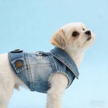 1pc Pet Teddy Dog Clothes, Spring/Summer Vest Harness Denim Jacket With Leash Buckle - Blue - View 8