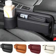 汽车座椅缝隙填充物，真皮前排座椅储物盒带杯架，可调节汽车座椅缝隙整理器，可放置手机、眼镜、钥匙，通用汽车配件，适用于大多数车型 - 多色-主駕駛位 - 查看 2