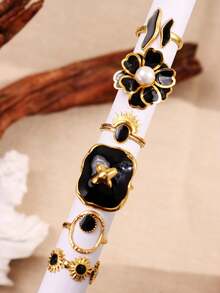 Vintage Luxury Elegant Black Drip Oil Pearl Metal Stainless Steel Flower Ring, Daily Fashion Ring, Suitable As Gift For Friends And Family - Multicolor - View 4