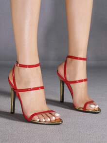 Jin Bei Qi Women's High Heel Shoes, Round Toe, Patent Leather, Color Block, Multi-Strap Criss-Cross Ankle Strap, Open Toe, Outdoor Party Stilettos, Elegant Fashion Heels, Suitable For All Seasons, Fashionable Party, Banquet, Romantic Formal Red High Heels - Red - View 2