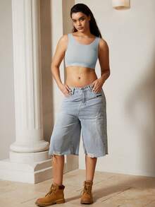 女士塑胸吊带背心，无缝隐形文胸吊带背心，透明，可调节以减少胸部视觉效果，塑身衣上装紧身显瘦衬衫 - 霧霾藍 - 查看 7