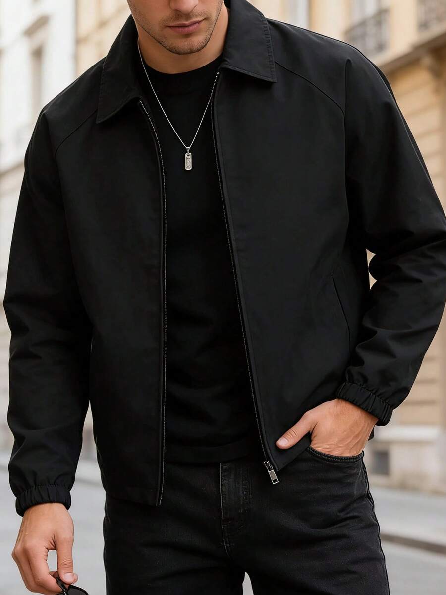 Áo khoác nam dáng suông màu trơn, kiểu dáng đơn giản, có cổ, thích hợp cho mùa thu. - màu đen - Xem 1