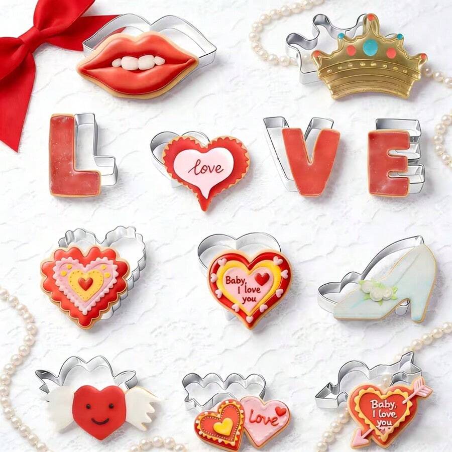 12pcs Valentine's Day Cookie Cutter Set - Lips, Hearts, High Heels, Crowns, Linked Hearts, Stainless Steel Baking Molds For Valentine's Day & Anniversary - Silver - View 1