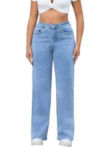 THUNDER Womens High Waisted Wide Leg Jeans Stretchy Distressed Pants - 2# Light Blue - View 4