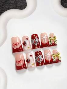 10片浪漫红色系列美甲贴纸套装，法式美甲套装，手绘蝴蝶结和爱心美甲装饰，中长杏仁形美甲贴纸，方形美甲贴纸，鸭嘴形美甲贴纸，红色闪光水钻假指甲，合金蝴蝶结美甲配件，包含工具包，适合女性和女孩，派对、约会、外出就餐、日常美甲用品 - 彩色 - 查看 2