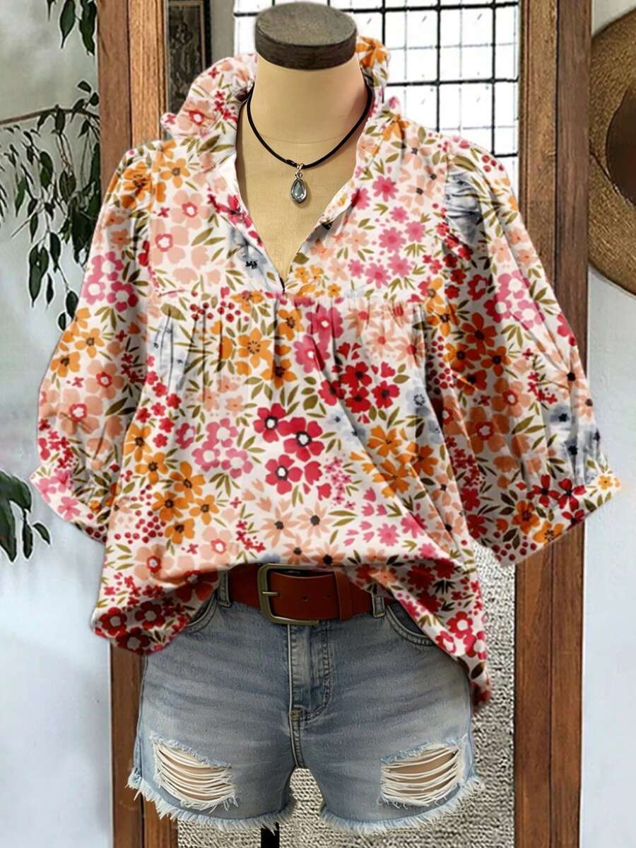 Camisa casual holgada con cuello alto, volantes y estampado floral pequeño para mujer, ideal para vacaciones y uso diario - Multicolor - Ver 1