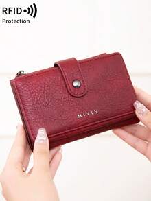 MIYIN Vintage RFID Blocking Multi-Functional Multi-Card Slot Short Wallet, Unisex, Portable For Daily Use, Retro Casual Style, With Zipper And ID Card Window, Can Hold Credit Cards, ID, Cash, Letters, Tri-Fold Design, Zipper Wallet, Christmas Gift, Thanksgiving Gift, Birthday Gift, Anniversary Gift, Women Wallet, Long Wallet - Burgundy - View 3