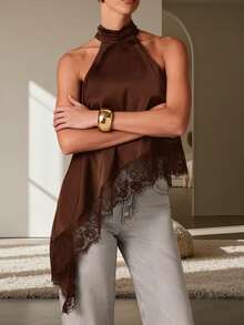 Women's Lace Halter Neck Tank Top Elegant Asymmetric Lace Patchwork Top Y2K Lace Trim Sleeveless Blouse Fashion Backless Crop Tops Loose Casual Camisole Shirt Summer Wedding Guest Party Evening Wear - nâu sẫm - Xem 3