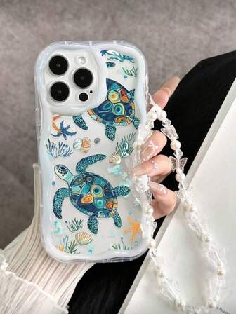 Capa para celular com acabamento brilhante em óleo, borda ondulada creme, estampa de tartaruga marinha pintada à mão, resistente a quedas, com pulseira de miçangas feita à mão, compatível com iPhone XR/7/8, 16/16 Pro/16 Plus/16 Pro Max, 15 Pro/15 Pro Max, 13, 14, 11, P12, XS. Capa macia de TPU com acabamento brilhante, borda ondulada creme, nova, resistente a quedas.