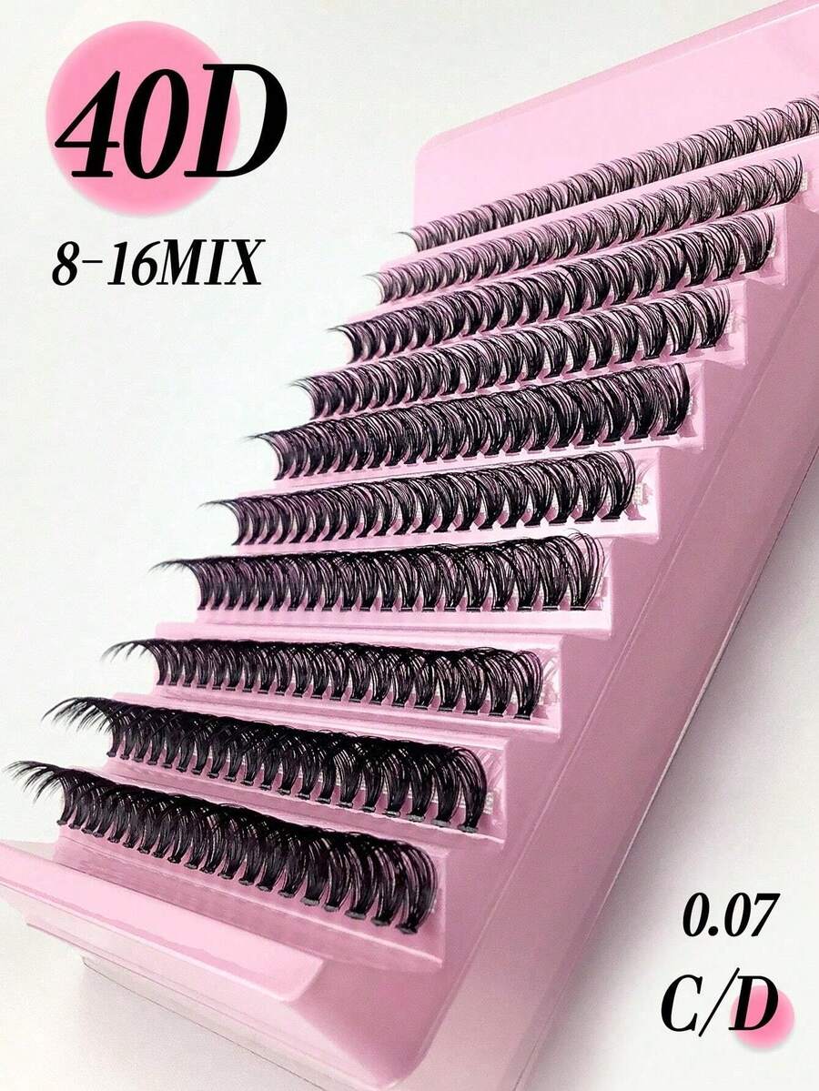 80/140/200 Pcs 40D Soft Curly Lashes, 8-16mm Mixed Length, 4/7/10 Rows, 0.07mm C/D, Waterproof Mink Lashes, Lightweight, 3D Effect, Create Natural To Dramatic Looks, Suitable For Daily Wear Or Special Occasions. Lash Clusters, Individual Lashes, False Eyelashes. - Black - View 1
