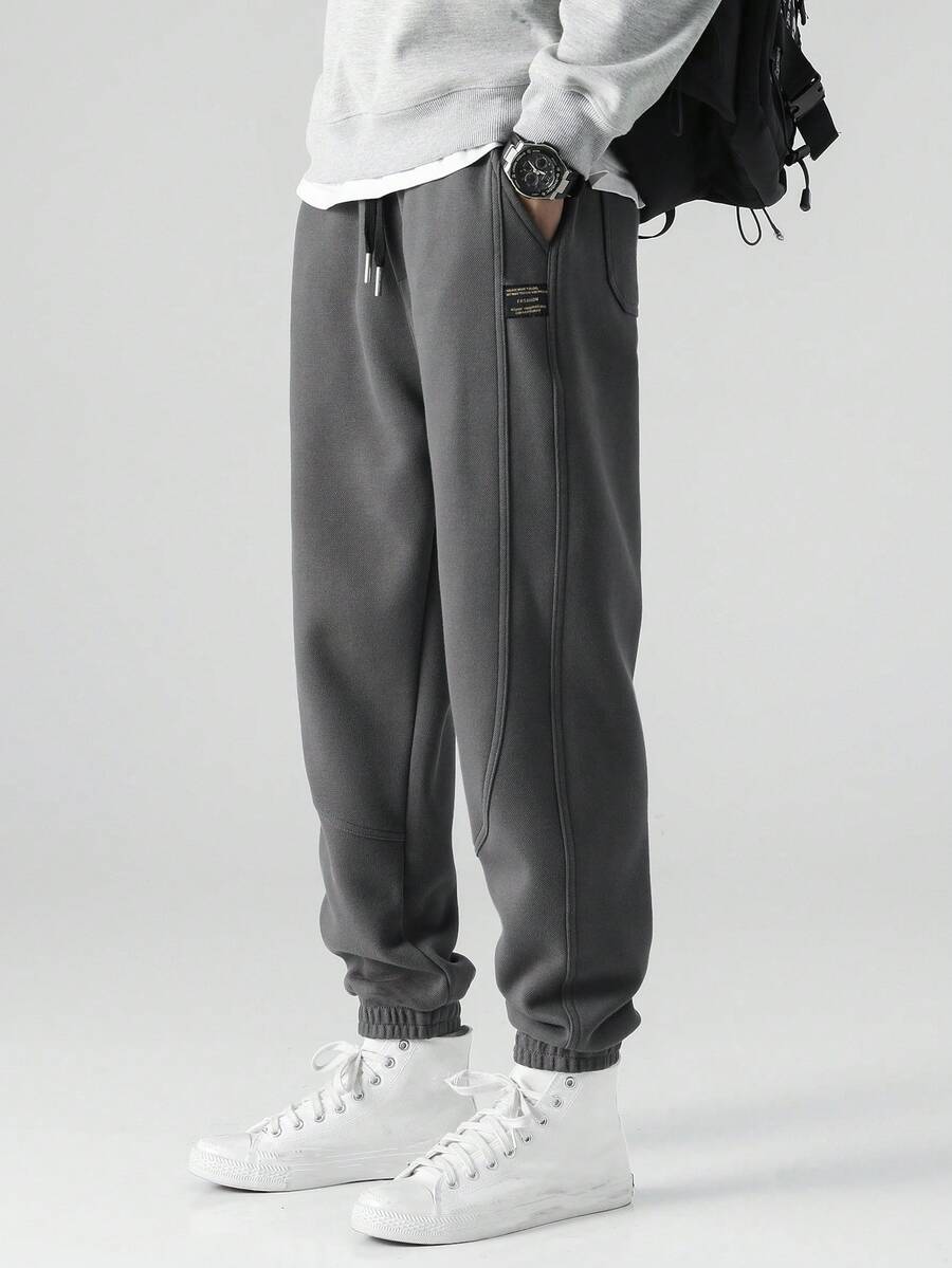 Men Pocket Letter Graphic Drawstring Waist Casual Jogger Sweatpants, For Daily Wear, Emo, 2000s Style - Dark Grey - View 1