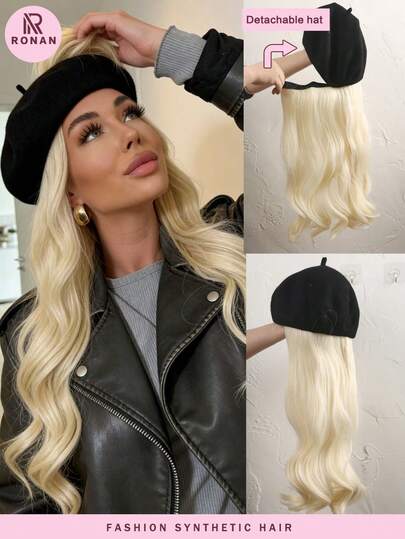 帽子 + 26 英寸可拆卸合成纤维假发，高温合成纤维金色卷发，适合日常佩戴。