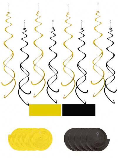 12pcs Party Swirl Decorations, Gold&Black Party Ceiling Swirls Hanging Decorative, Glitter Foil Hanging Swirl Decorations, Double Swirl Plastic Streamers For Ceiling Plastic Metal Streamers, Party Decorations, Wedding Decorations Streamers, Birthday, Graduation, Graduation Celebration, Homecoming Party Decorations Streamer Bags, Bachelorette Party