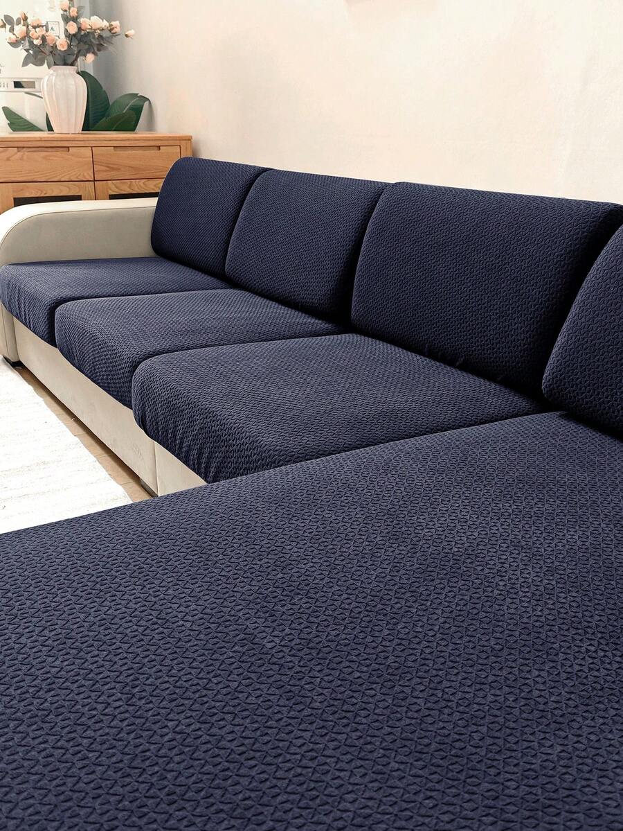 1pc Solid Color Jacquard Sofa Seat Cushion Cover, Elastic Polyester Fiber Removable & Washable Sofa Cushion Slipcover, Suitable For Living Room & Bedroom