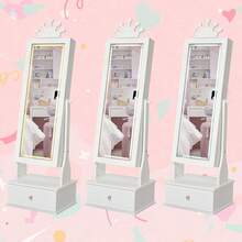 Joyero infantil con espejo LED de cuerpo entero, tocador de princesa independiente con cajones y organizador de joyas, armario de madera con luces para niñas, ideal para cumpleaños. - Blanco - Ver 4