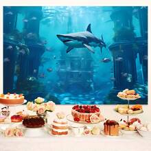 1件鲨鱼水下摄影背景布 - 海洋主题横幅，适用于生日派对装饰和水族馆拍照亭 - 彩色 - 查看 5