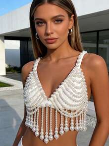 1pc Punk Style Bralette Top With Unique Tassel Design, Suitable For Clubbing, Parties And Music Festivals, Women Body Chain - White - View 7