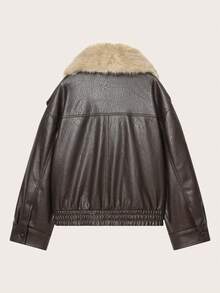 纯色可拆卸长袖仿毛领皮夹克，秋冬季 - 棕色 - 查看 2