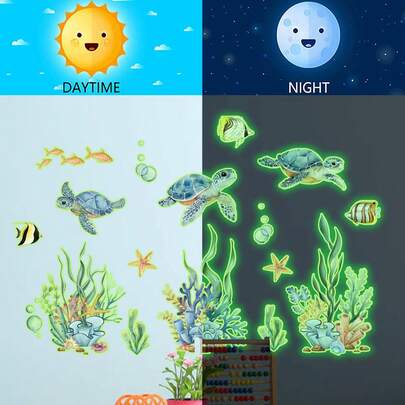 1pc Cartoon Sea Turtle & Aquatic Plant Glow-In-The-Dark Wall Stickers Bedroom Living Room Decor