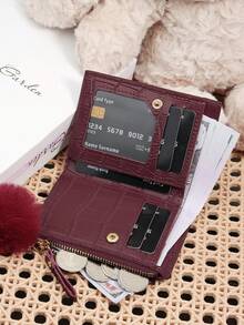 This Foldable Small Wallet With Pom-Pom Decor And Letter Details Is Lightweight And Portable, Suitable For Credit Cards, Keys, And Other Items. Fashionable And Cute, It Makes A Great Birthday, Christmas, Or Anniversary Gift For Women, Girls, Ladies, Business Professionals, Students, And Dorm/Back-To-School Essentials. - Burgundy - View 7