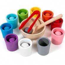 Juguete de taza con bolas de colores del arcoíris, juego de emparejamiento de madera para preescolar, aprendizaje de clasificación y conteo de colores, juguete educativo de motricidad fina para la primera infancia, color aleatorio - Multicolor - Ver 8