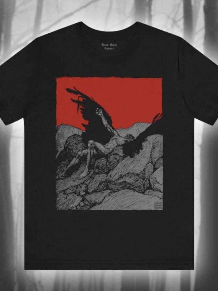 Fallen Angel, Karl Alexander Wilke T-Shirt, Creepy Art, Vintage Art Tshirt, Mythology Shirt, Icarus, - 黑色 - 查看 1