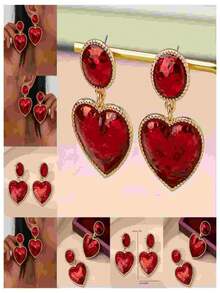 1 Pair Women's Fashion Dangle Earrings, Sweet & Heart Pendant Earrings, Classic Red Heart Decor, Suitable For Valentine's Day, Dates, Gifts And Daily Wear - Golden Yellow + Red - View 2