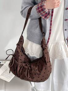 可爱波点灯芯绒单肩包，时尚褶皱蝴蝶结拉链斜挎包，适合上学/大学/休闲场合，轻便可折叠 - 查看 7