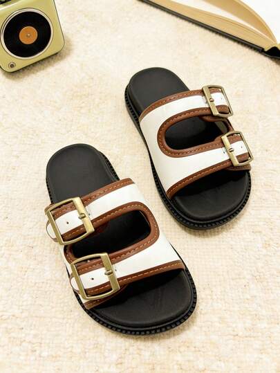 1双复古儿童拖鞋，休闲时尚平底凉鞋，男女通用，套脚设计，适合夏季室内/室外穿着、旅行度假，小学生适用