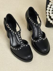 SVRM 女士时尚百搭厚底镂空粗跟T字带铆钉复古办公室通勤日常休闲约会派对优雅高跟凉鞋 - 黑色 - 查看 9